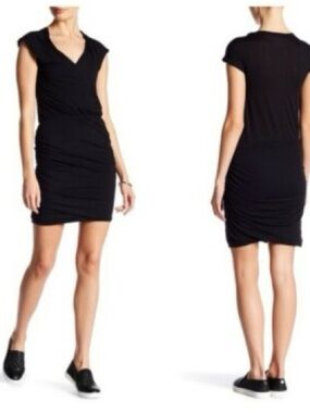 James Perse Deep Green V-Neck Ruched Mini Dress